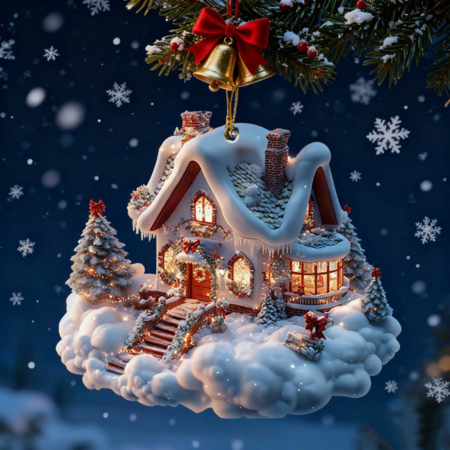 Snow Village House Ornament Rustic Log Cabin Hanging Ornament 2D Acrylic Cottage with Snow Scene for Winter Wonderland Xmas Tree Decor