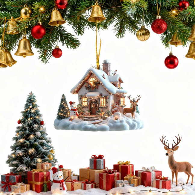 Snow Village House Ornament Rustic Log Cabin Hanging Ornament 2D Acrylic Cottage with Snow Scene for Winter Wonderland Xmas Tree Decor