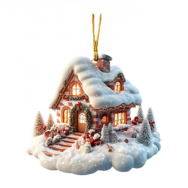Snow Village House Ornament Rustic Log Cabin Hanging Ornament 2D Acrylic Cottage with Snow Scene for Winter Wonderland Xmas Tree Decor