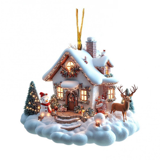 Snow Village House Ornament Rustic Log Cabin Hanging Ornament 2D Acrylic Cottage with Snow Scene for Winter Wonderland Xmas Tree Decor
