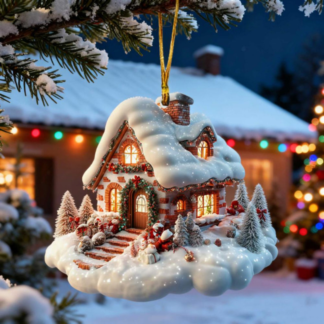 Snow Village House Ornament Rustic Log Cabin Hanging Ornament 2D Acrylic Cottage with Snow Scene for Winter Wonderland Xmas Tree Decor