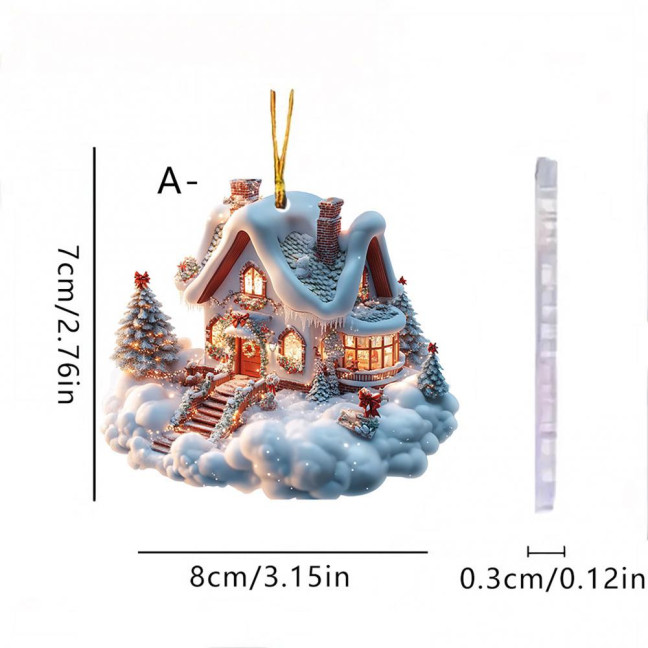 Snow Village House Ornament Rustic Log Cabin Hanging Ornament 2D Acrylic Cottage with Snow Scene for Winter Wonderland Xmas Tree Decor