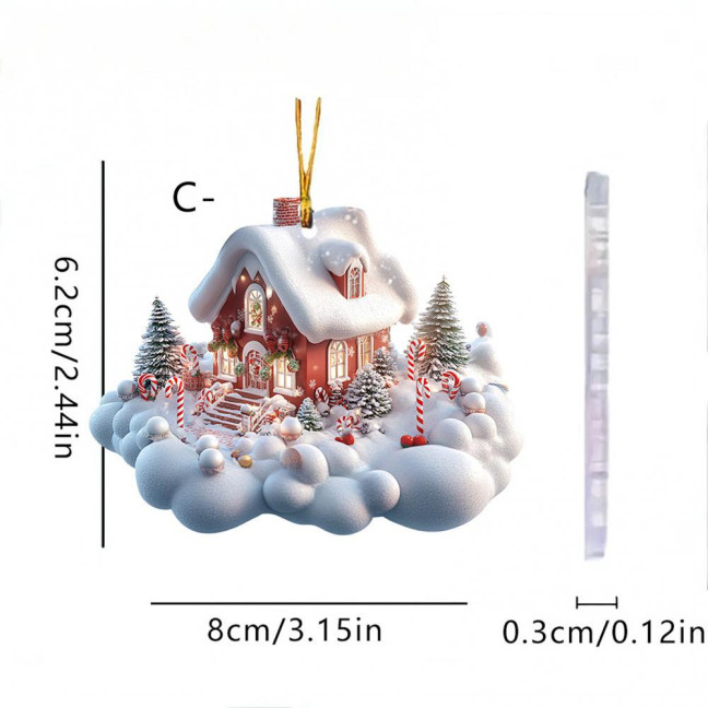 Snow Village House Ornament Rustic Log Cabin Hanging Ornament 2D Acrylic Cottage with Snow Scene for Winter Wonderland Xmas Tree Decor