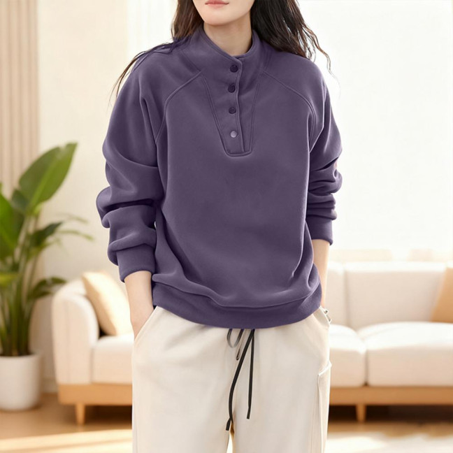 Women's Fleece Sweatshirts Long Sleeve Button Up Pullover Top Casual Stand Collar Warm Outfits for Fall Winter