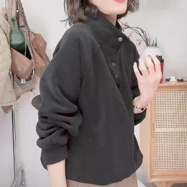 Women's Fleece Sweatshirts Long Sleeve Button Up Pullover Top Casual Stand Collar Warm Outfits for Fall Winter