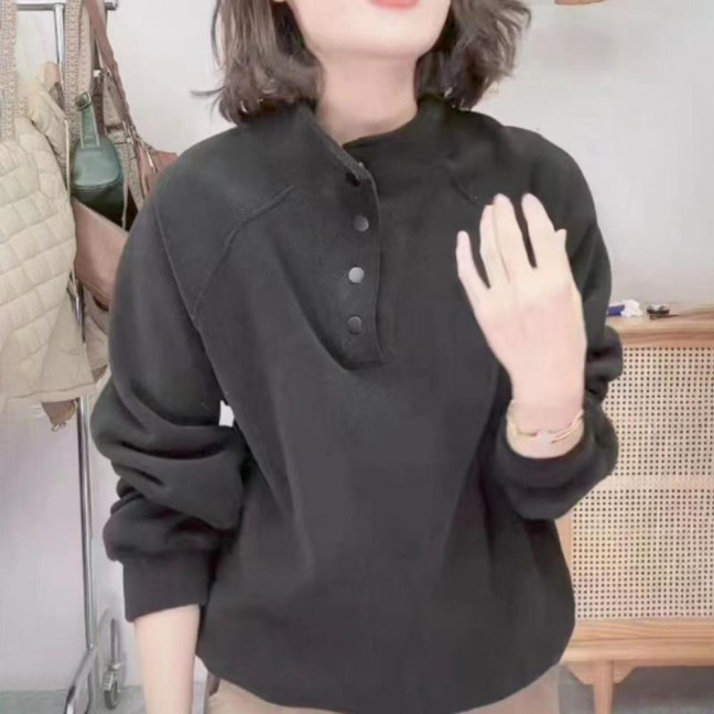 Women's Fleece Sweatshirts Long Sleeve Button Up Pullover Top Casual Stand Collar Warm Outfits for Fall Winter