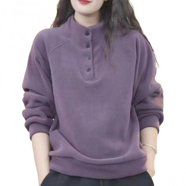 Women's Fleece Sweatshirts Long Sleeve Button Up Pullover Top Casual Stand Collar Warm Outfits for Fall Winter