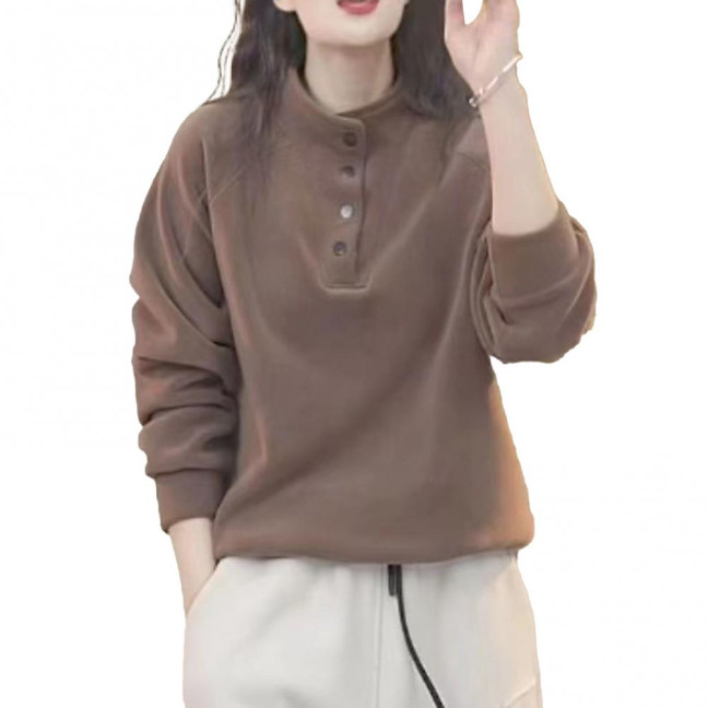 Women's Fleece Sweatshirts Long Sleeve Button Up Pullover Top Casual Stand Collar Warm Outfits for Fall Winter