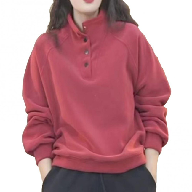 Women's Fleece Sweatshirts Long Sleeve Button Up Pullover Top Casual Stand Collar Warm Outfits for Fall Winter