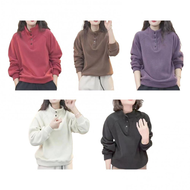 Women's Fleece Sweatshirts Long Sleeve Button Up Pullover Top Casual Stand Collar Warm Outfits for Fall Winter