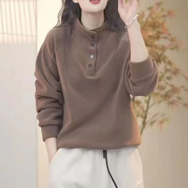 Women's Fleece Sweatshirts Long Sleeve Button Up Pullover Top Casual Stand Collar Warm Outfits for Fall Winter