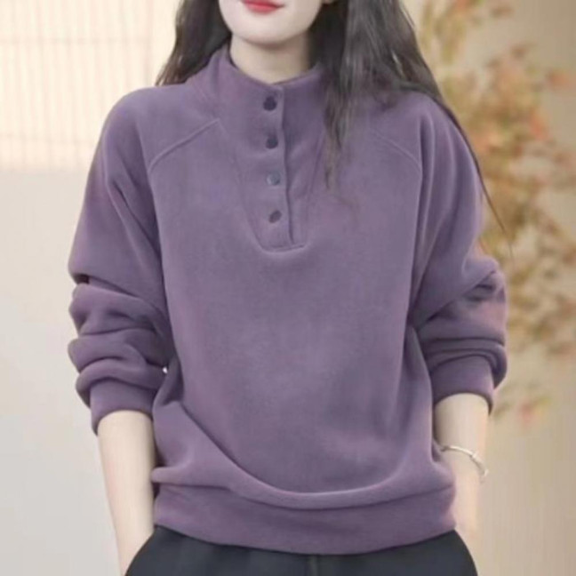 Women's Fleece Sweatshirts Long Sleeve Button Up Pullover Top Casual Stand Collar Warm Outfits for Fall Winter