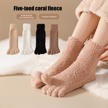 1 Pair Coral Fleece Toe Socks Winter Thick Warm Five Finger Split-Toe Floor Socks Plush Sleep Socks Non-Slip Mid-Calf Socks for Home 