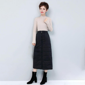 Women Skirt High Waist Solid Color Zipper Closure Midi Skirt with Side Pockets Thickened Warm A-Line Quilted Texture Skirt
