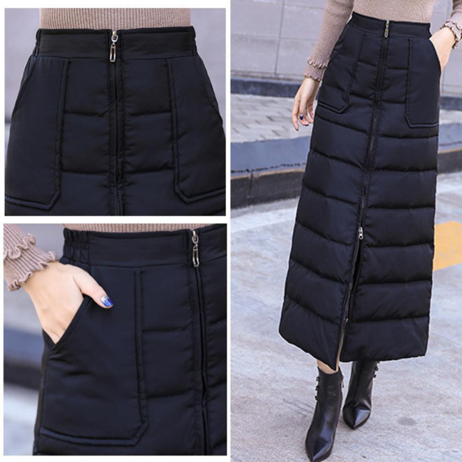 Women Skirt High Waist Solid Color Zipper Closure Midi Skirt with Side Pockets Thickened Warm A-Line Quilted Texture Skirt