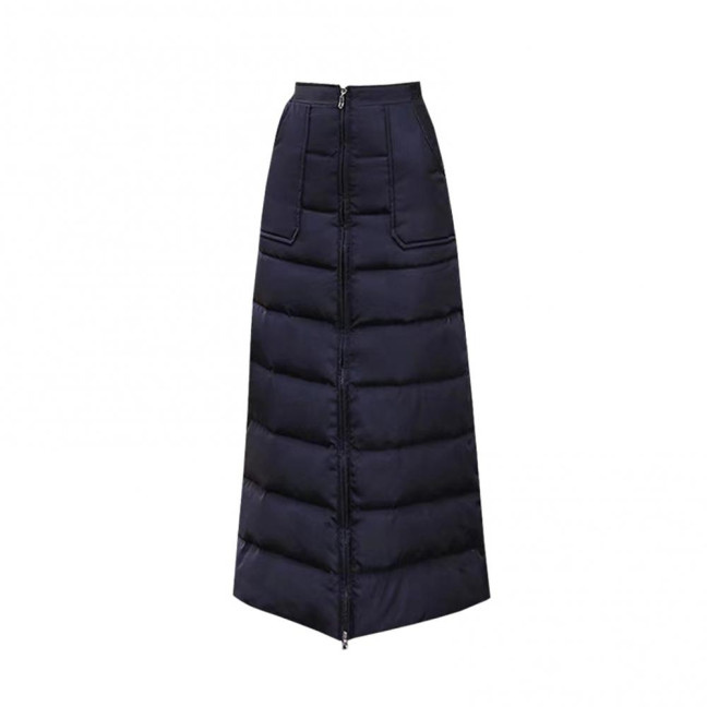Women Skirt High Waist Solid Color Zipper Closure Midi Skirt with Side Pockets Thickened Warm A-Line Quilted Texture Skirt