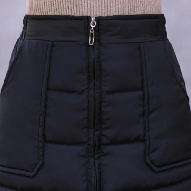 Women Skirt High Waist Solid Color Zipper Closure Midi Skirt with Side Pockets Thickened Warm A-Line Quilted Texture Skirt