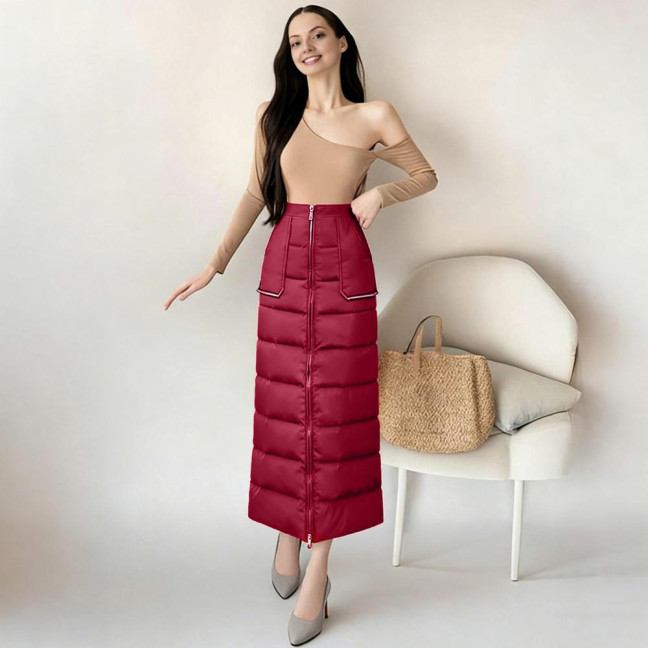 Women Skirt High Waist Solid Color Zipper Closure Midi Skirt with Side Pockets Thickened Warm A-Line Quilted Texture Skirt