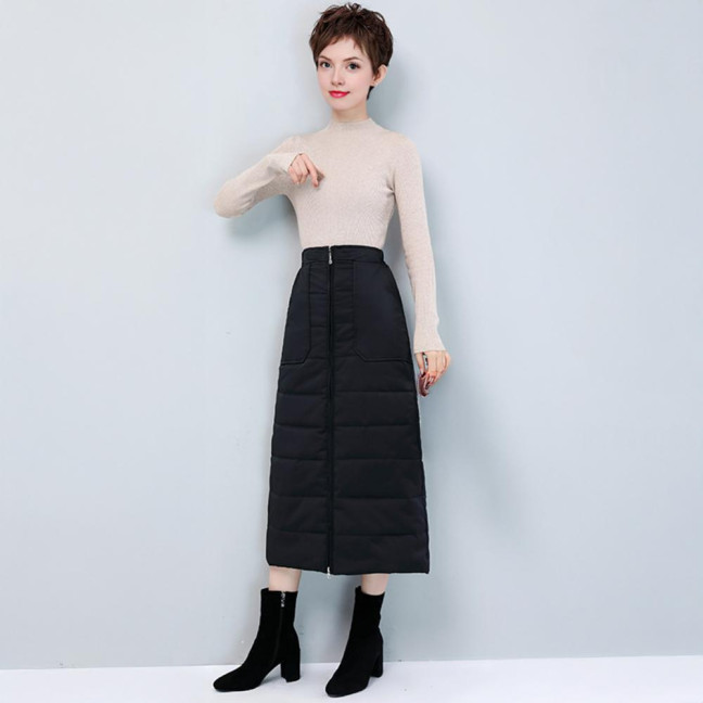 Women Skirt High Waist Solid Color Zipper Closure Midi Skirt with Side Pockets Thickened Warm A-Line Quilted Texture Skirt