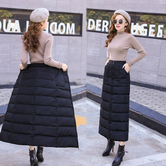 Women Skirt High Waist Solid Color Zipper Closure Midi Skirt with Side Pockets Thickened Warm A-Line Quilted Texture Skirt