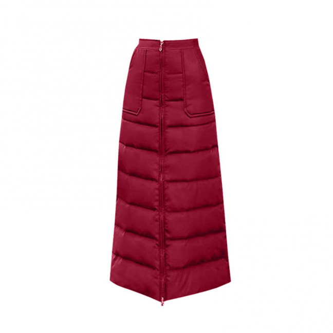Women Skirt High Waist Solid Color Zipper Closure Midi Skirt with Side Pockets Thickened Warm A-Line Quilted Texture Skirt