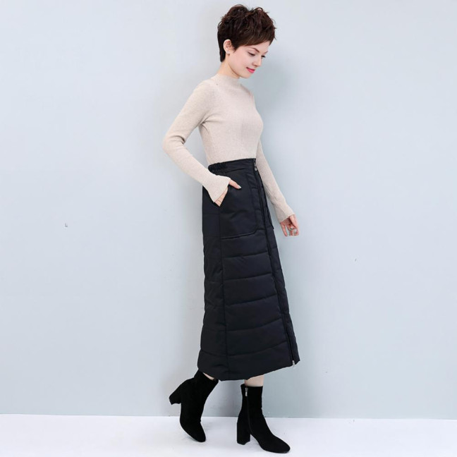 Women Skirt High Waist Solid Color Zipper Closure Midi Skirt with Side Pockets Thickened Warm A-Line Quilted Texture Skirt