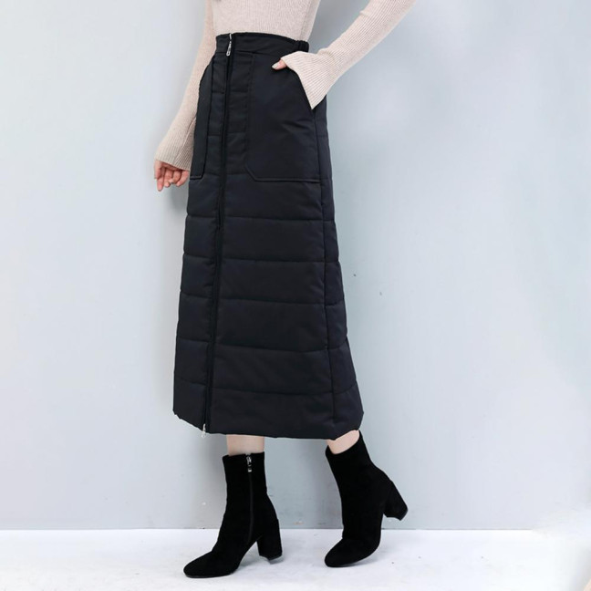 Women Skirt High Waist Solid Color Zipper Closure Midi Skirt with Side Pockets Thickened Warm A-Line Quilted Texture Skirt