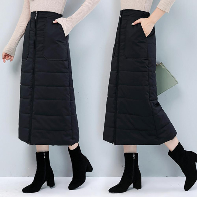 Women Skirt High Waist Solid Color Zipper Closure Midi Skirt with Side Pockets Thickened Warm A-Line Quilted Texture Skirt