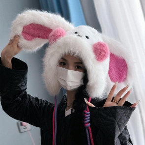Winter Hat Rabbit Ear Decor Lace-up Elastic Warm Hat Winter Thickened Plush Windproof Lei Feng Hat Cold Weather Hat