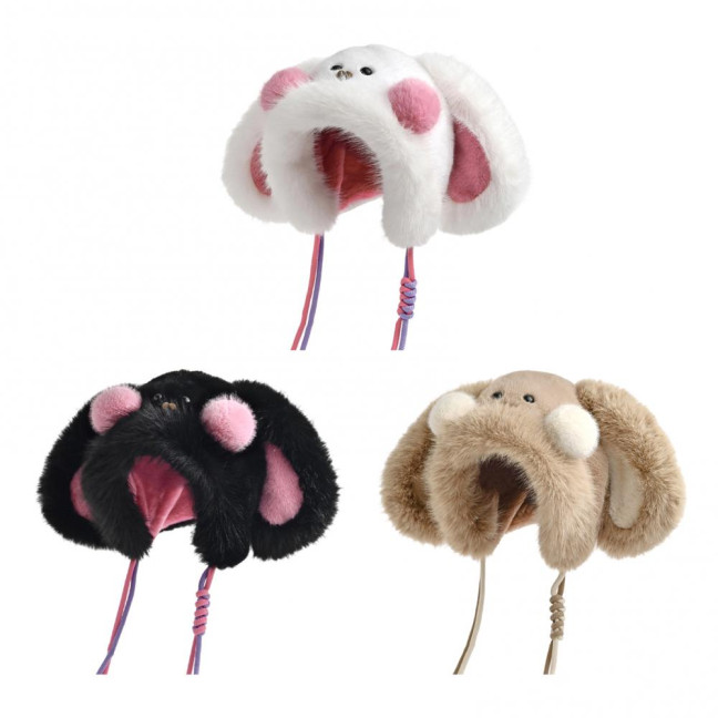 Winter Hat Rabbit Ear Decor Lace-up Elastic Warm Hat Winter Thickened Plush Windproof Lei Feng Hat Cold Weather Hat