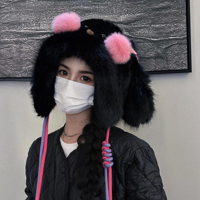 Winter Hat Rabbit Ear Decor Lace-up Elastic Warm Hat Winter Thickened Plush Windproof Lei Feng Hat Cold Weather Hat