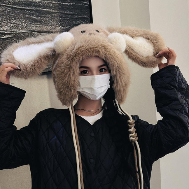 Winter Hat Rabbit Ear Decor Lace-up Elastic Warm Hat Winter Thickened Plush Windproof Lei Feng Hat Cold Weather Hat