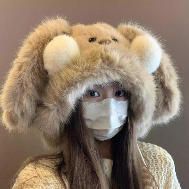 Winter Hat Rabbit Ear Decor Lace-up Elastic Warm Hat Winter Thickened Plush Windproof Lei Feng Hat Cold Weather Hat