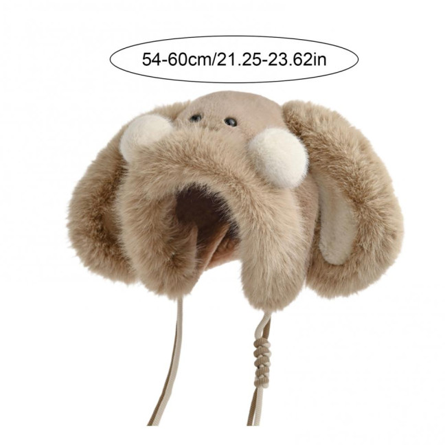Winter Hat Rabbit Ear Decor Lace-up Elastic Warm Hat Winter Thickened Plush Windproof Lei Feng Hat Cold Weather Hat