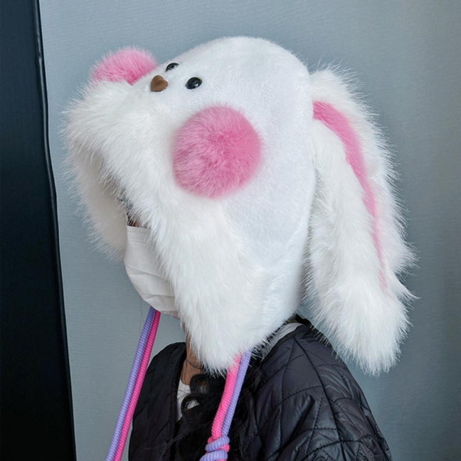 Winter Hat Rabbit Ear Decor Lace-up Elastic Warm Hat Winter Thickened Plush Windproof Lei Feng Hat Cold Weather Hat