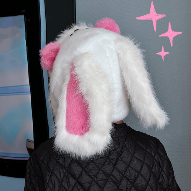 Winter Hat Rabbit Ear Decor Lace-up Elastic Warm Hat Winter Thickened Plush Windproof Lei Feng Hat Cold Weather Hat