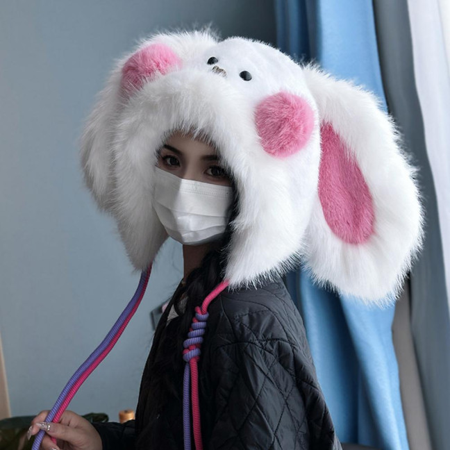 Winter Hat Rabbit Ear Decor Lace-up Elastic Warm Hat Winter Thickened Plush Windproof Lei Feng Hat Cold Weather Hat