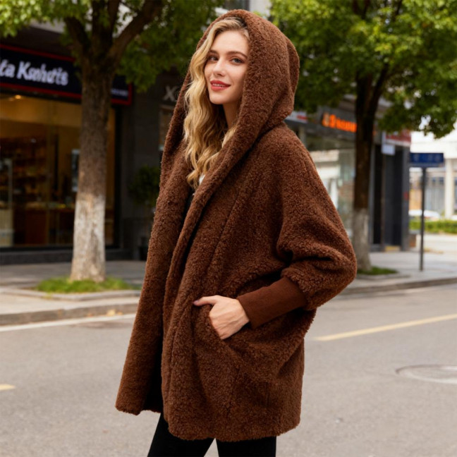 Women's Fuzzy Hooded Cardigan Oversized Fleece Jacket Open Front Sherpa Coat Fall Winter Outwear with Pockets