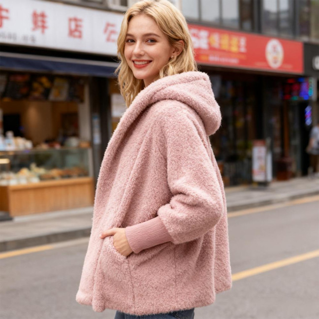 Women's Fuzzy Hooded Cardigan Oversized Fleece Jacket Open Front Sherpa Coat Fall Winter Outwear with Pockets