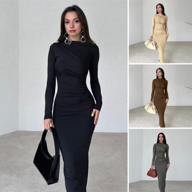 Bodycon Dress for Women Mock Neck Long Sleeve Midi Dress Ruched Slim Fit Party Cocktail Formal Dress Fall Wedding Guest Dress