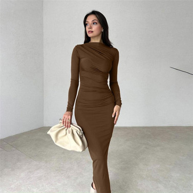 Bodycon Dress for Women Mock Neck Long Sleeve Midi Dress Ruched Slim Fit Party Cocktail Formal Dress Fall Wedding Guest Dress