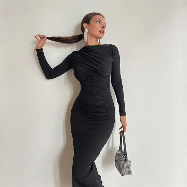 Bodycon Dress for Women Mock Neck Long Sleeve Midi Dress Ruched Slim Fit Party Cocktail Formal Dress Fall Wedding Guest Dress