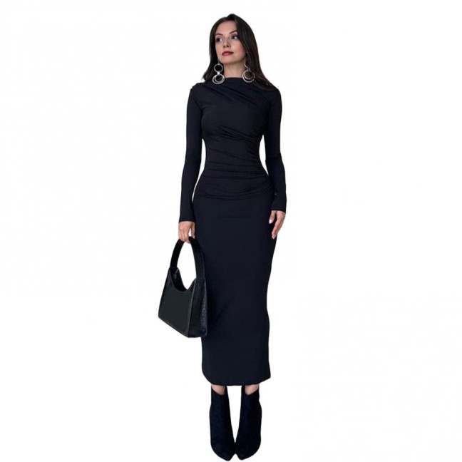Bodycon Dress for Women Mock Neck Long Sleeve Midi Dress Ruched Slim Fit Party Cocktail Formal Dress Fall Wedding Guest Dress