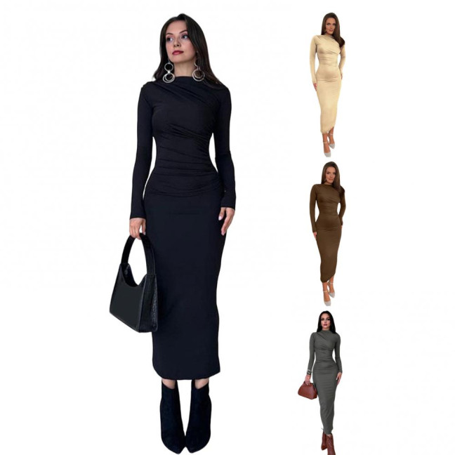 Bodycon Dress for Women Mock Neck Long Sleeve Midi Dress Ruched Slim Fit Party Cocktail Formal Dress Fall Wedding Guest Dress