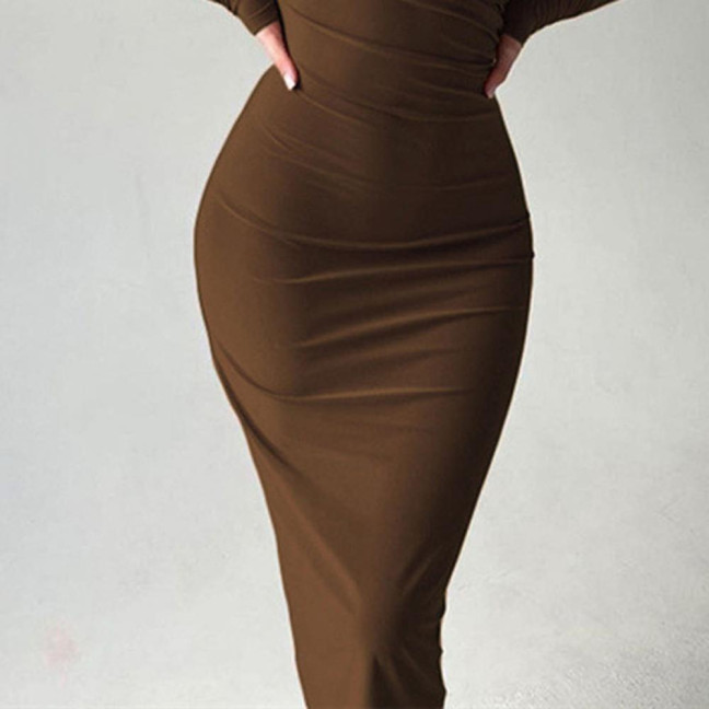 Bodycon Dress for Women Mock Neck Long Sleeve Midi Dress Ruched Slim Fit Party Cocktail Formal Dress Fall Wedding Guest Dress