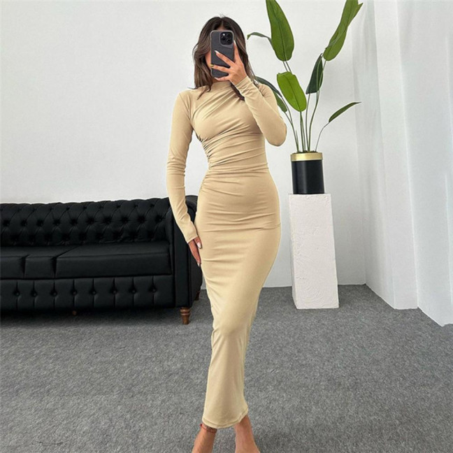 Bodycon Dress for Women Mock Neck Long Sleeve Midi Dress Ruched Slim Fit Party Cocktail Formal Dress Fall Wedding Guest Dress