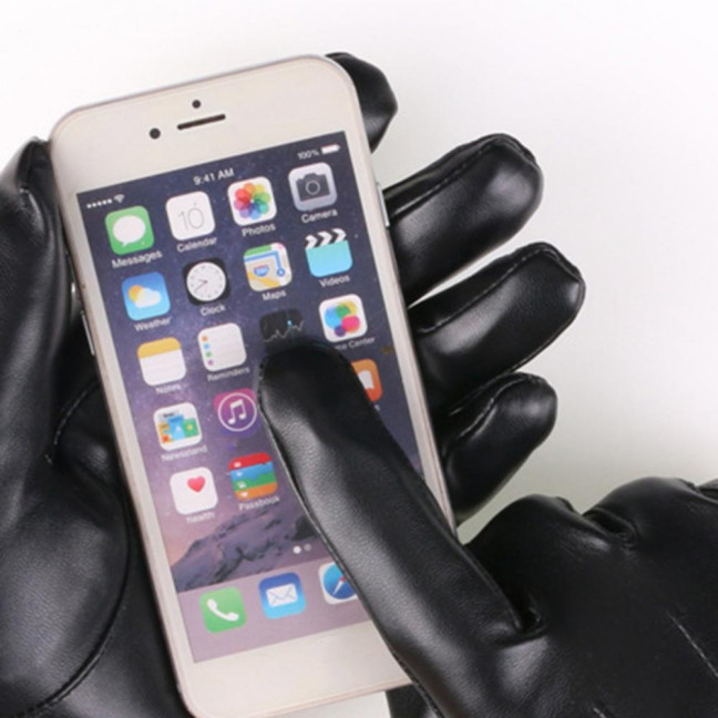 Winter Cycling Gloves Men Women Black Faux Leather Wind Resistant Gloves Warm Fleece Lined Gloves for Driving Outdoor Activities