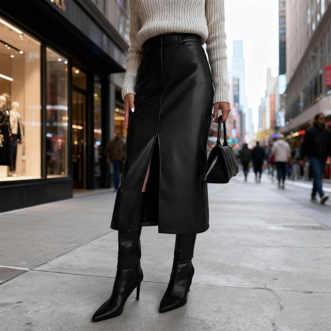 Autumn Winter Retro Skirt Faux Leather High Waist Skirt with Side Slits Solid Color Windproof Midi Skirt