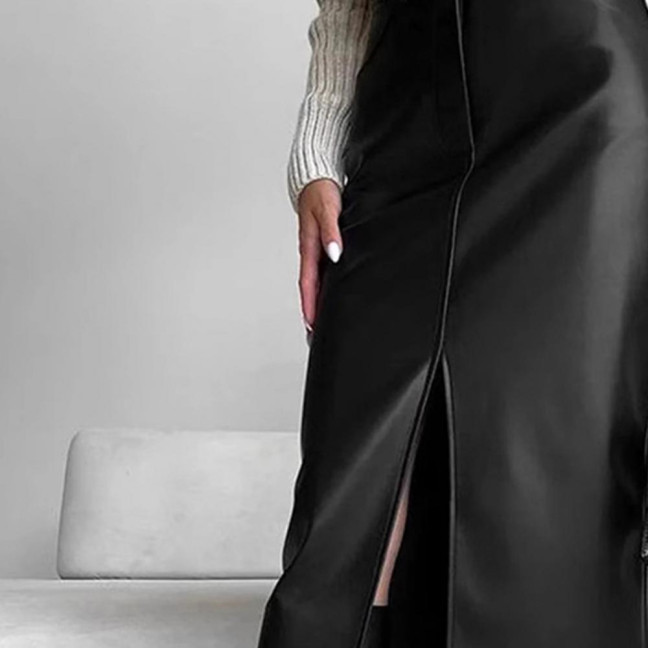 Autumn Winter Retro Skirt Faux Leather High Waist Skirt with Side Slits Solid Color Windproof Midi Skirt