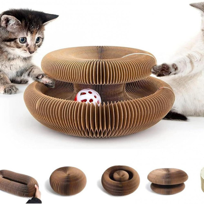 Cats Accordion Toy Foldable Cat Scratch Board with Bell Ball Portable Changeable Cat Scratcher Toy for Indoor Cats Anxiety Relief Exercise 